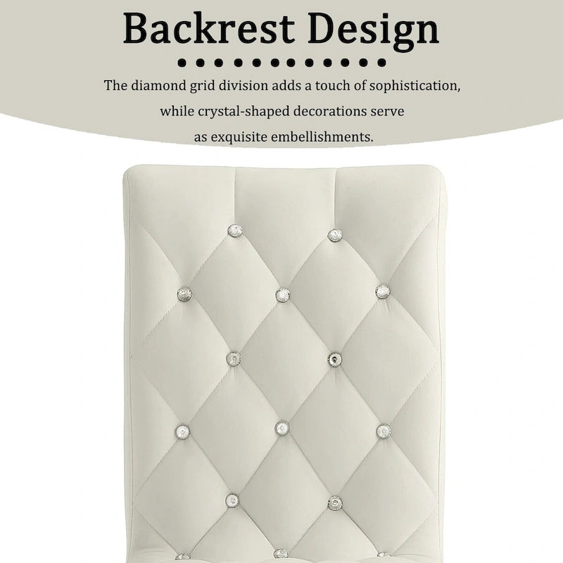 Luxury White Velvet Dining Chairs with Crystal Decor Button Tufted Back and Gold Metal Legs