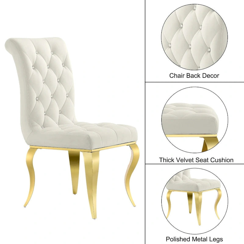 Luxury White Velvet Dining Chairs with Crystal Decor Button Tufted Back and Gold Metal Legs