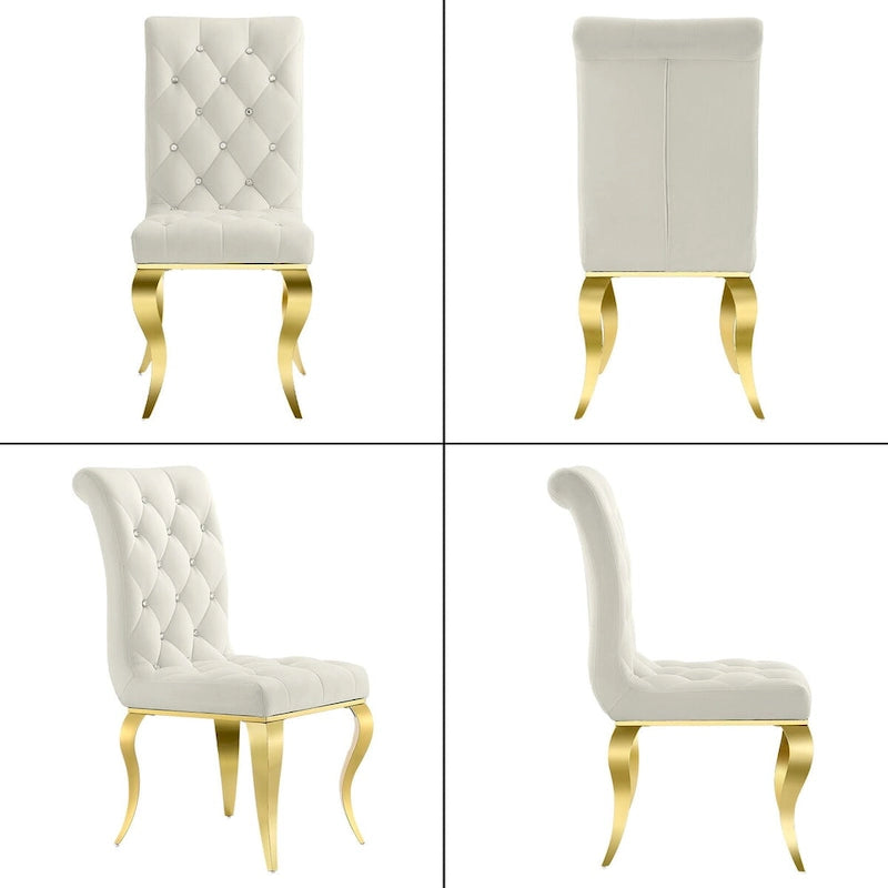 Luxury White Velvet Dining Chairs with Crystal Decor Button Tufted Back and Gold Metal Legs