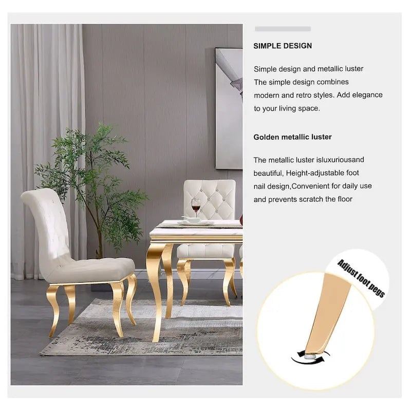 Luxury White Velvet Dining Chairs with Crystal Decor Button Tufted Back and Gold Metal Legs