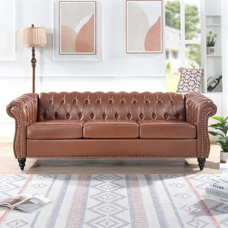 84.65" Chesterfield-Sofa mit 3 Sitzplätzen, gerollten Armlehnen aus PU und Nagelkopfbesatz