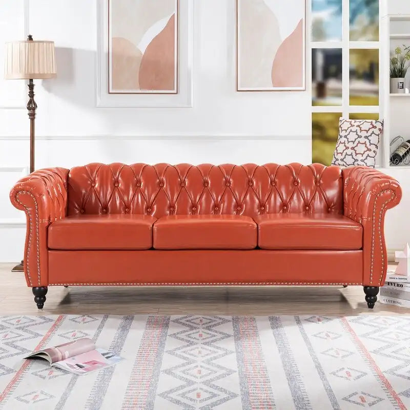 84.65" Chesterfield-Sofa mit 3 Sitzplätzen, gerollten Armlehnen aus PU und Nagelkopfbesatz