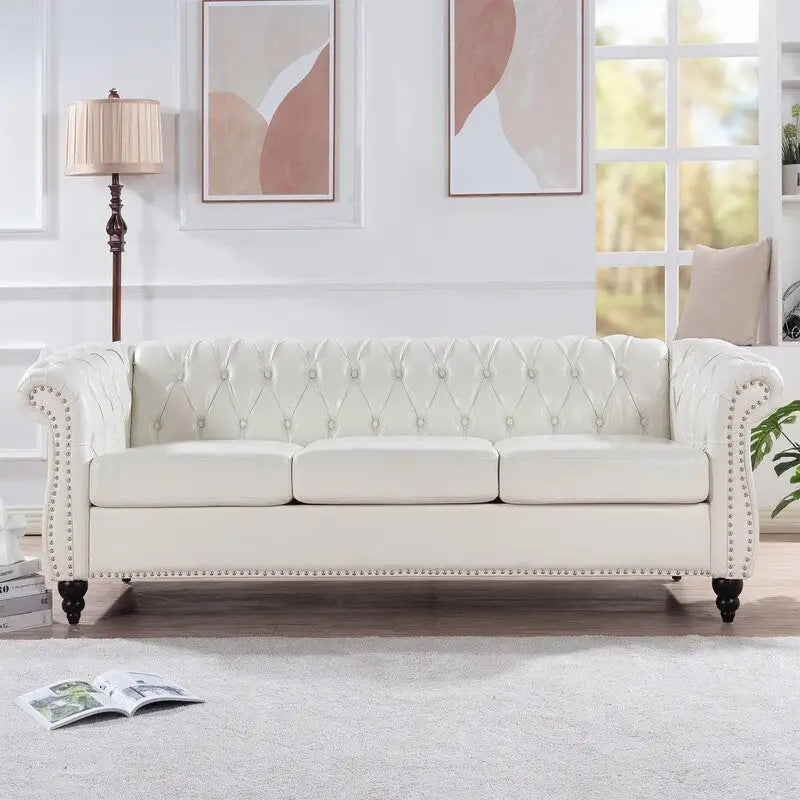 84.65" Chesterfield-Sofa mit 3 Sitzplätzen, gerollten Armlehnen aus PU und Nagelkopfbesatz