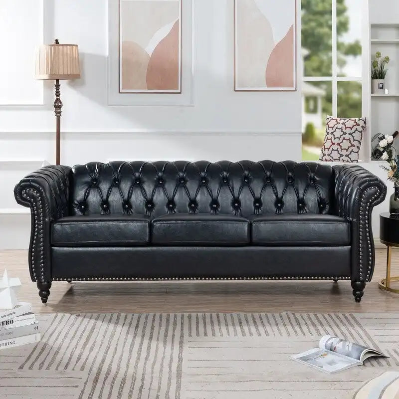 84.65" Chesterfield-Sofa mit 3 Sitzplätzen, gerollten Armlehnen aus PU und Nagelkopfbesatz