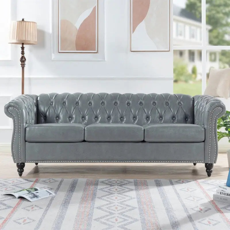 84.65" Chesterfield-Sofa mit 3 Sitzplätzen, gerollten Armlehnen aus PU und Nagelkopfbesatz