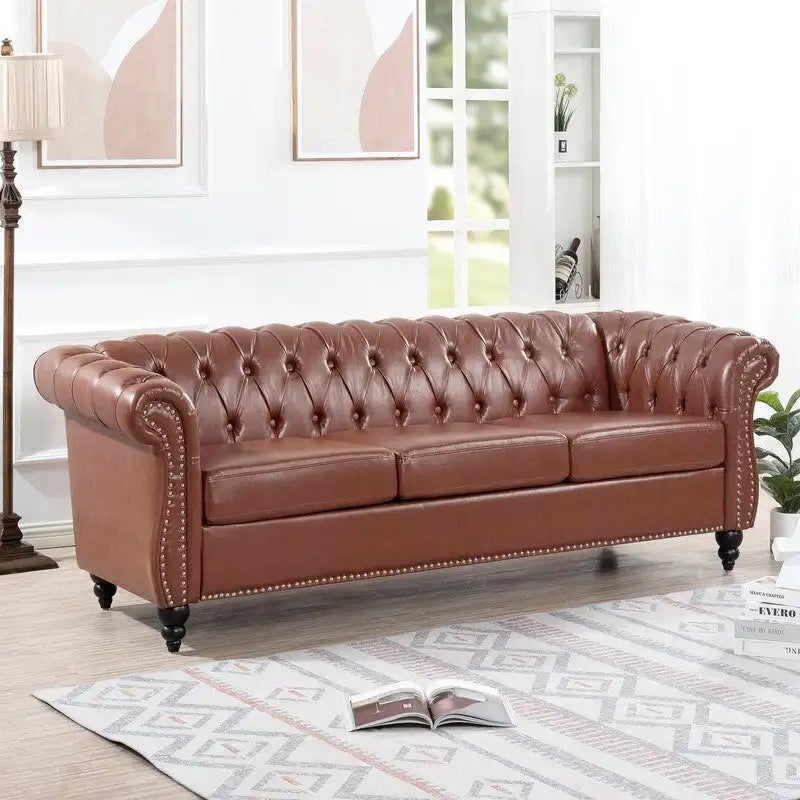 84.65" Chesterfield-Sofa mit 3 Sitzplätzen, gerollten Armlehnen aus PU und Nagelkopfbesatz