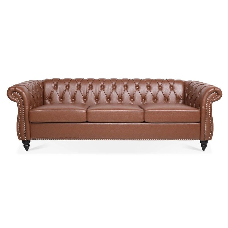84.65" PU Rolled Arm Chesterfield 3-Seater Sofa with Nailhead Trim