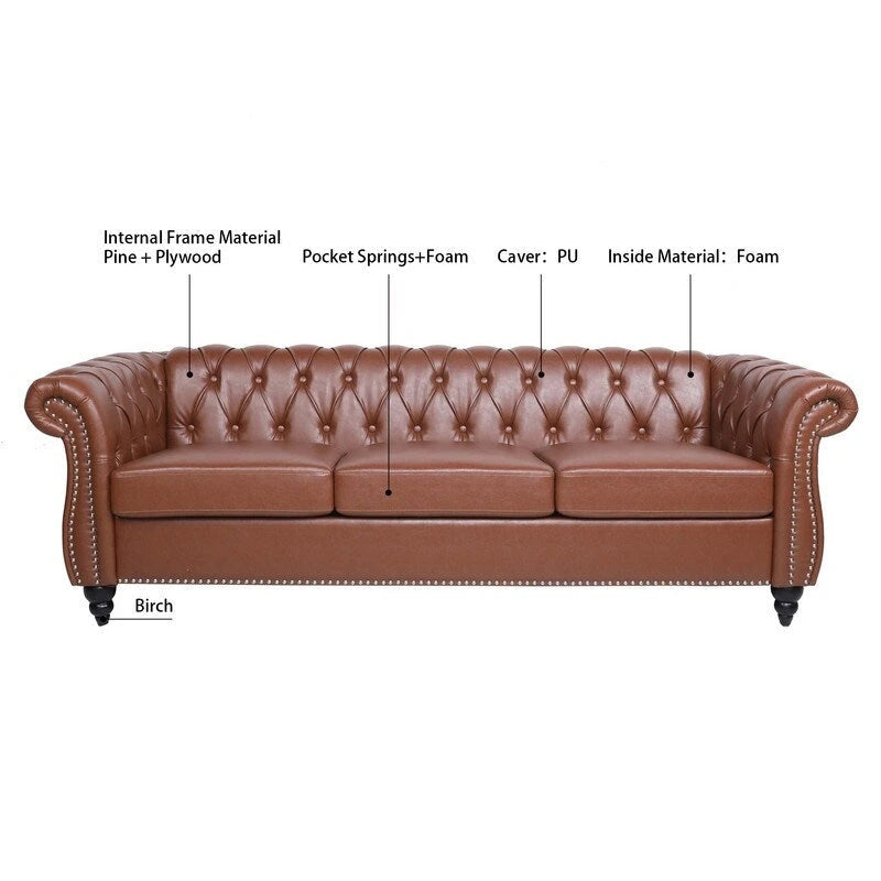 84.65" PU Rolled Arm Chesterfield 3-Seater Sofa with Nailhead Trim