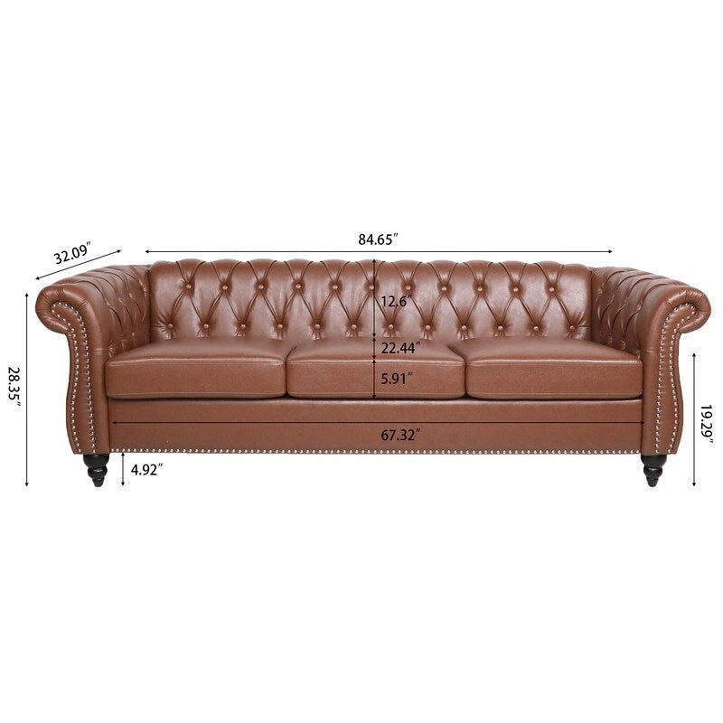 84.65" PU Rolled Arm Chesterfield 3-Seater Sofa with Nailhead Trim