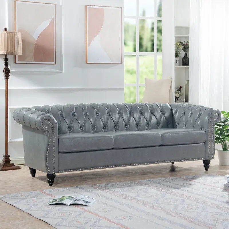 84.65" PU Rolled Arm Chesterfield 3-Seater Sofa with Nailhead Trim