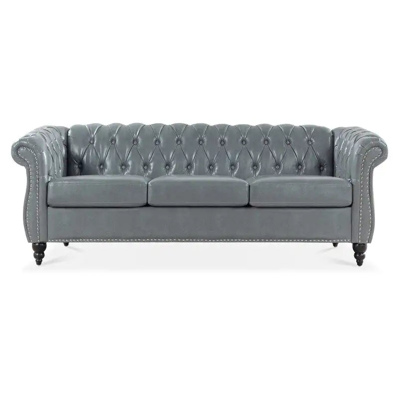 84.65" PU Rolled Arm Chesterfield 3-Seater Sofa with Nailhead Trim