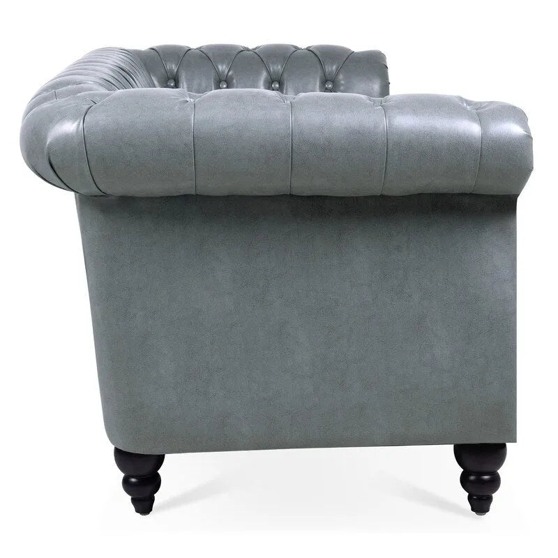 84.65" PU Rolled Arm Chesterfield 3-Seater Sofa with Nailhead Trim