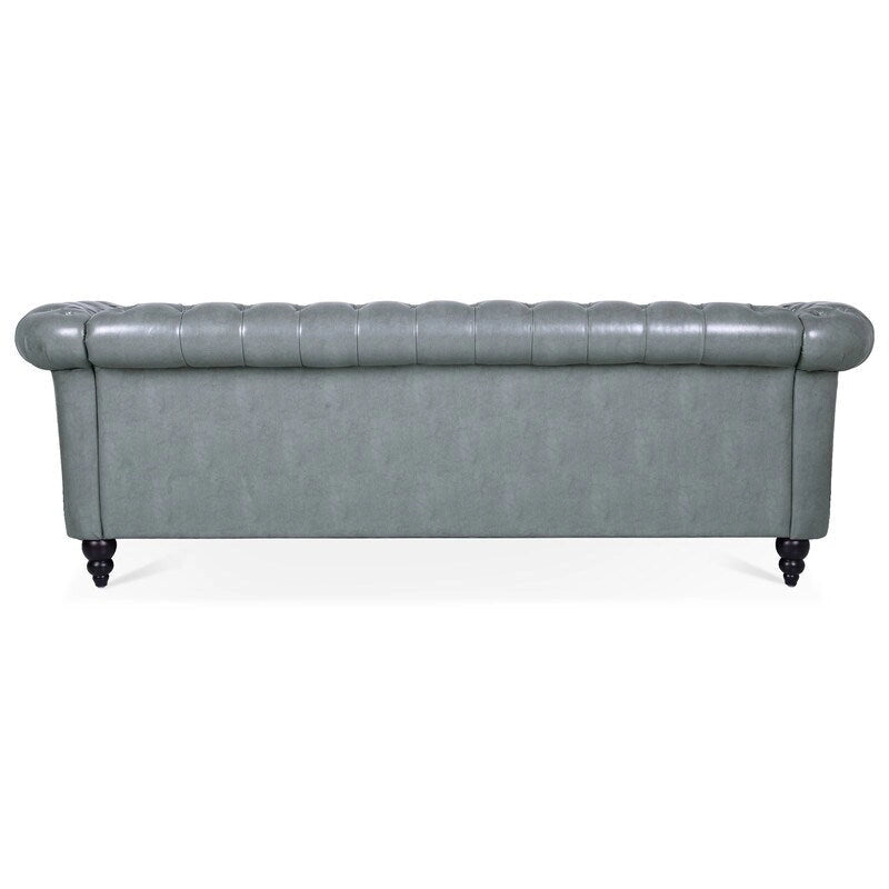 84.65" PU Rolled Arm Chesterfield 3-Seater Sofa with Nailhead Trim