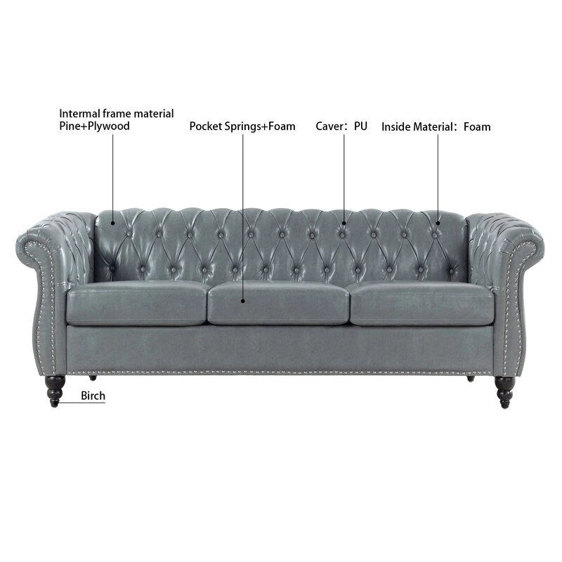 84.65" PU Rolled Arm Chesterfield 3-Seater Sofa with Nailhead Trim