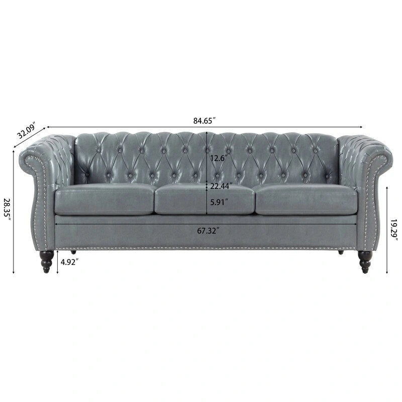 84.65" PU Rolled Arm Chesterfield 3-Seater Sofa with Nailhead Trim