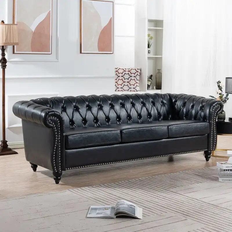 84.65" PU Rolled Arm Chesterfield 3-Seater Sofa with Nailhead Trim