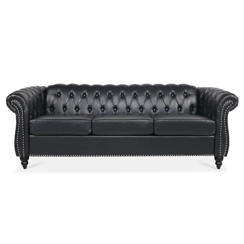 84.65" PU Rolled Arm Chesterfield 3-Seater Sofa with Nailhead Trim