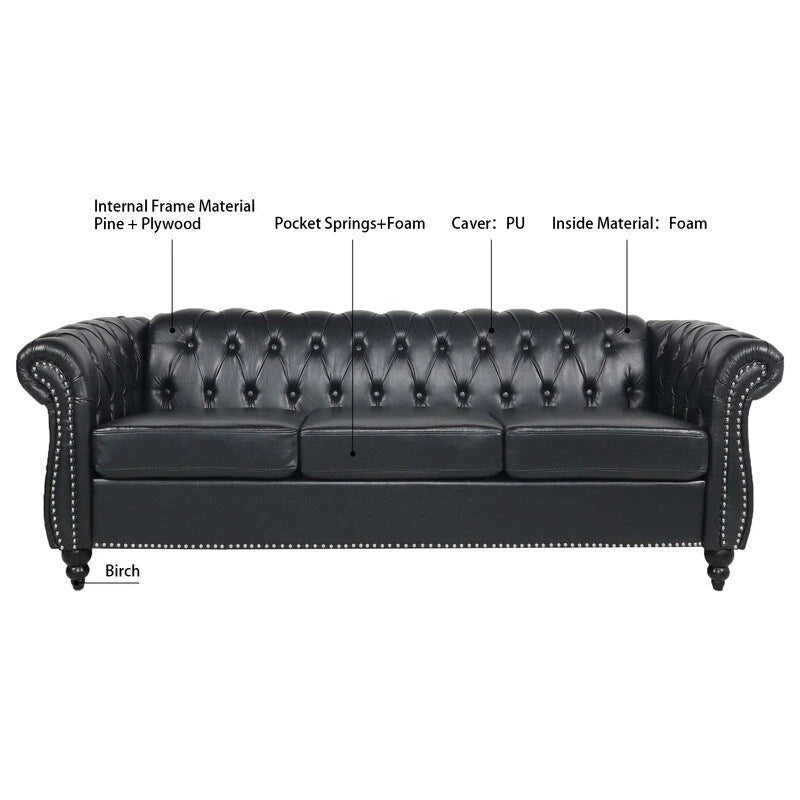 84.65" PU Rolled Arm Chesterfield 3-Seater Sofa with Nailhead Trim