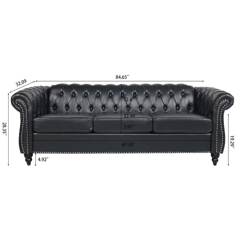 84.65" PU Rolled Arm Chesterfield 3-Seater Sofa with Nailhead Trim