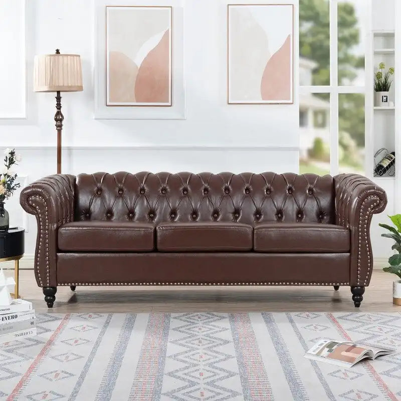 84.65" PU Rolled Arm Chesterfield 3-Seater Sofa with Nailhead Trim