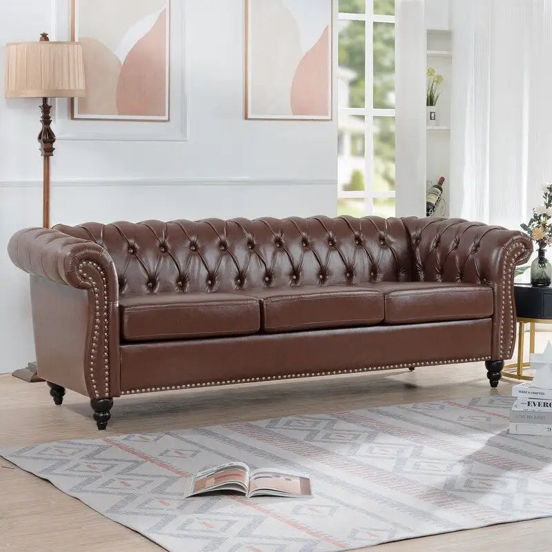 84.65" PU Rolled Arm Chesterfield 3-Seater Sofa with Nailhead Trim