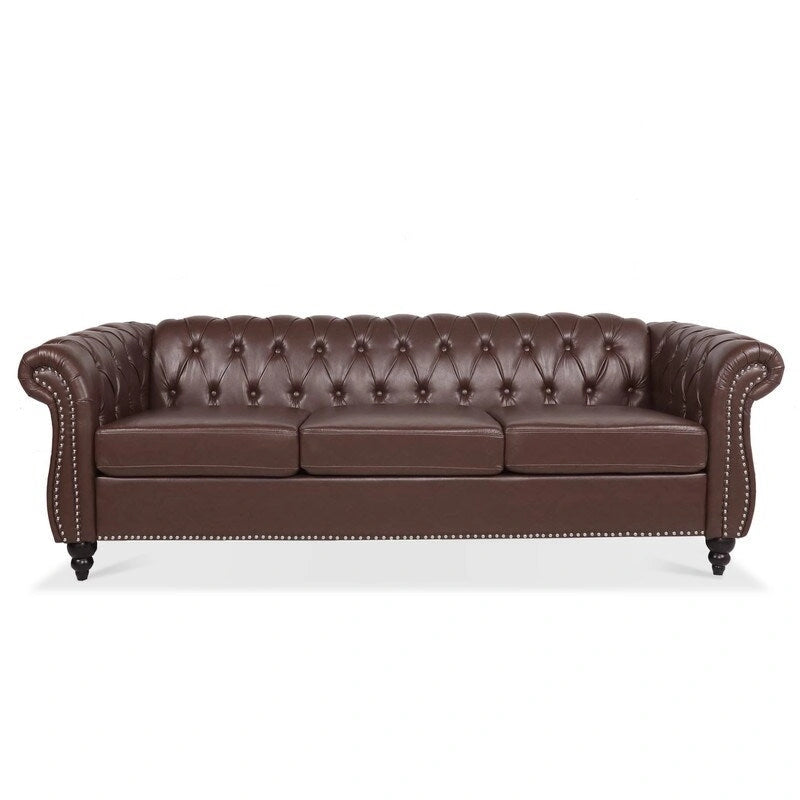 84.65" PU Rolled Arm Chesterfield 3-Seater Sofa with Nailhead Trim