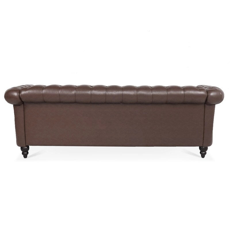 84.65" PU Rolled Arm Chesterfield 3-Seater Sofa with Nailhead Trim