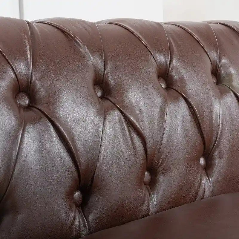 84.65" PU Rolled Arm Chesterfield 3-Seater Sofa with Nailhead Trim