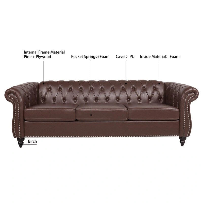 84.65" PU Rolled Arm Chesterfield 3-Seater Sofa with Nailhead Trim