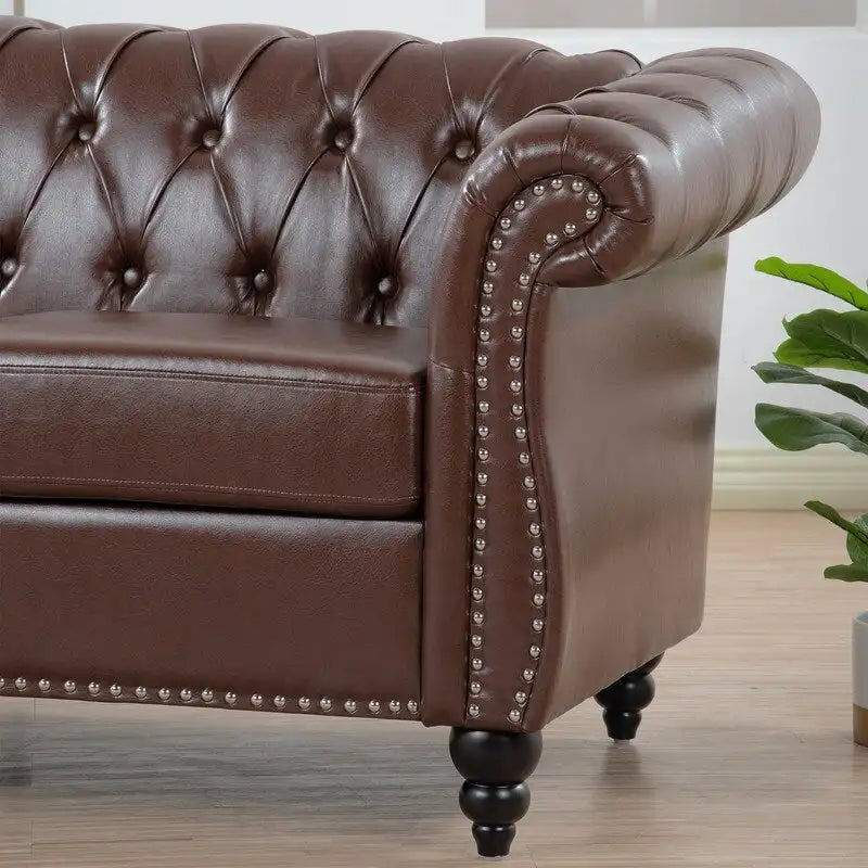 84.65" PU Rolled Arm Chesterfield 3-Seater Sofa with Nailhead Trim