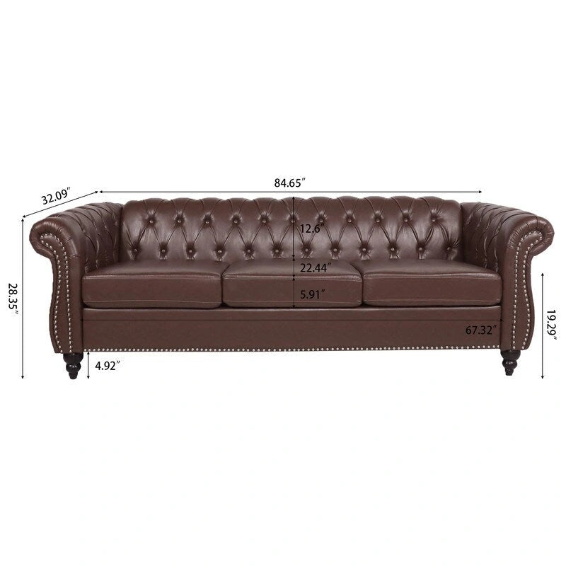 84.65" PU Rolled Arm Chesterfield 3-Seater Sofa with Nailhead Trim