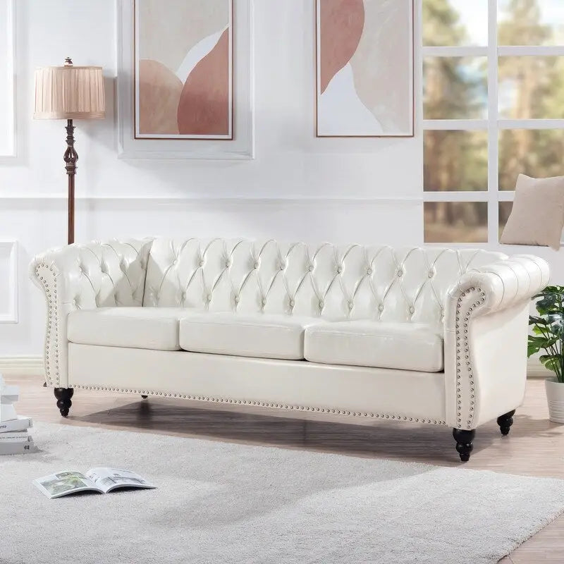 84.65" PU Rolled Arm Chesterfield 3-Seater Sofa with Nailhead Trim