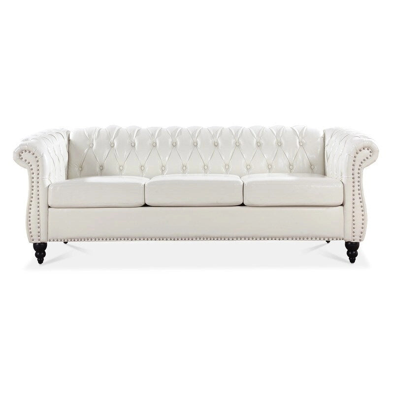 84.65" PU Rolled Arm Chesterfield 3-Seater Sofa with Nailhead Trim