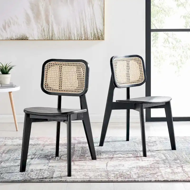 Wood Dining Side Chair Set of 2, Elm & Rattan