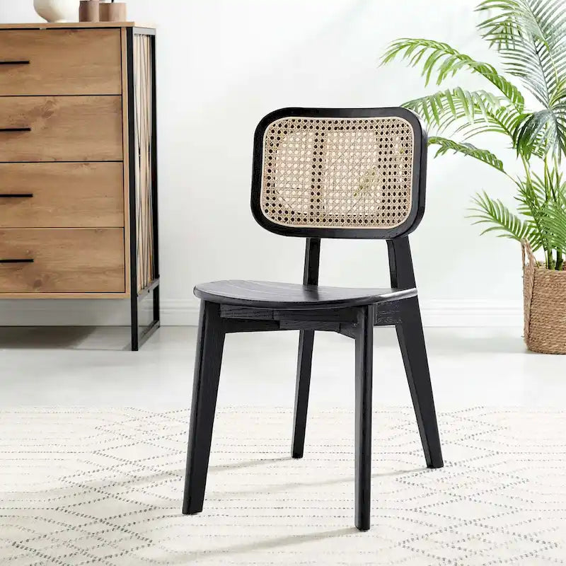Wood Dining Side Chair Set of 2, Elm & Rattan