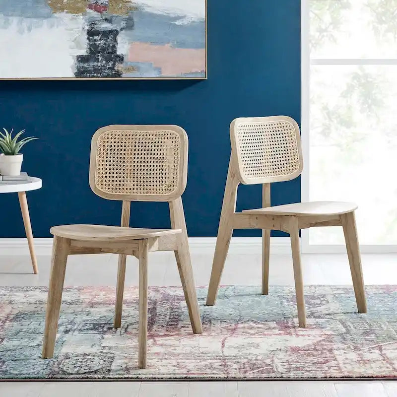 Wood Dining Side Chair Set of 2, Elm & Rattan