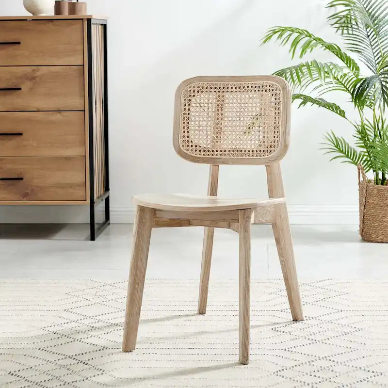 Wood Dining Side Chair Set of 2, Elm & Rattan