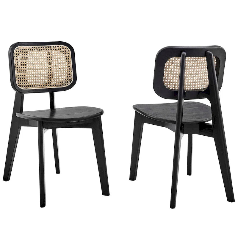 Wood Dining Side Chair Set of 2, Elm & Rattan