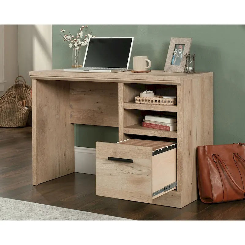 Schreibtisch fürs Homeoffice mit einem Standfuß, Aktenschublade und offenem Regal, Prime Oak