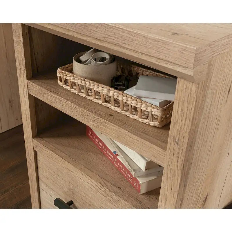 Home Office Single Pedestal Desk with File Drawer and Open Shelf, Prime Oak