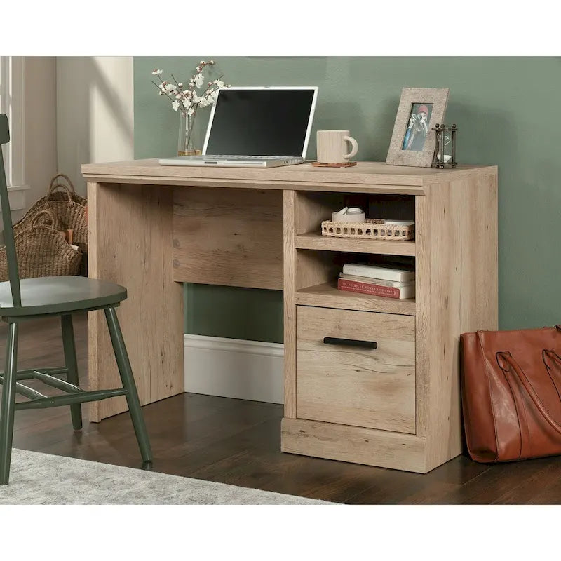 Schreibtisch fürs Homeoffice mit einem Standfuß, Aktenschublade und offenem Regal, Prime Oak