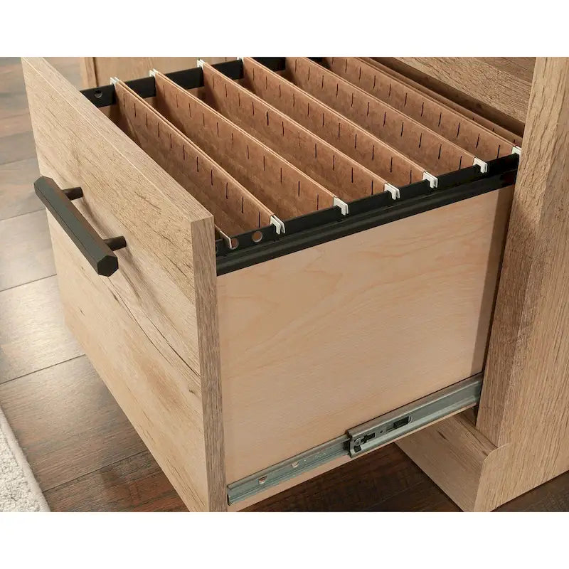 Schreibtisch fürs Homeoffice mit einem Standfuß, Aktenschublade und offenem Regal, Prime Oak