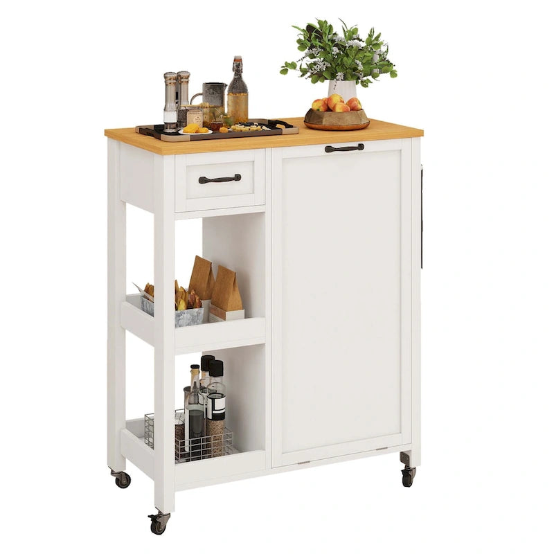 Carrello a isola da cucina su ruote con mobile contenitore per pattumiera