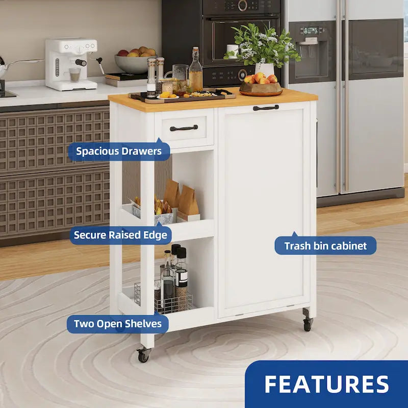 Carrello a isola da cucina su ruote con mobile contenitore per pattumiera
