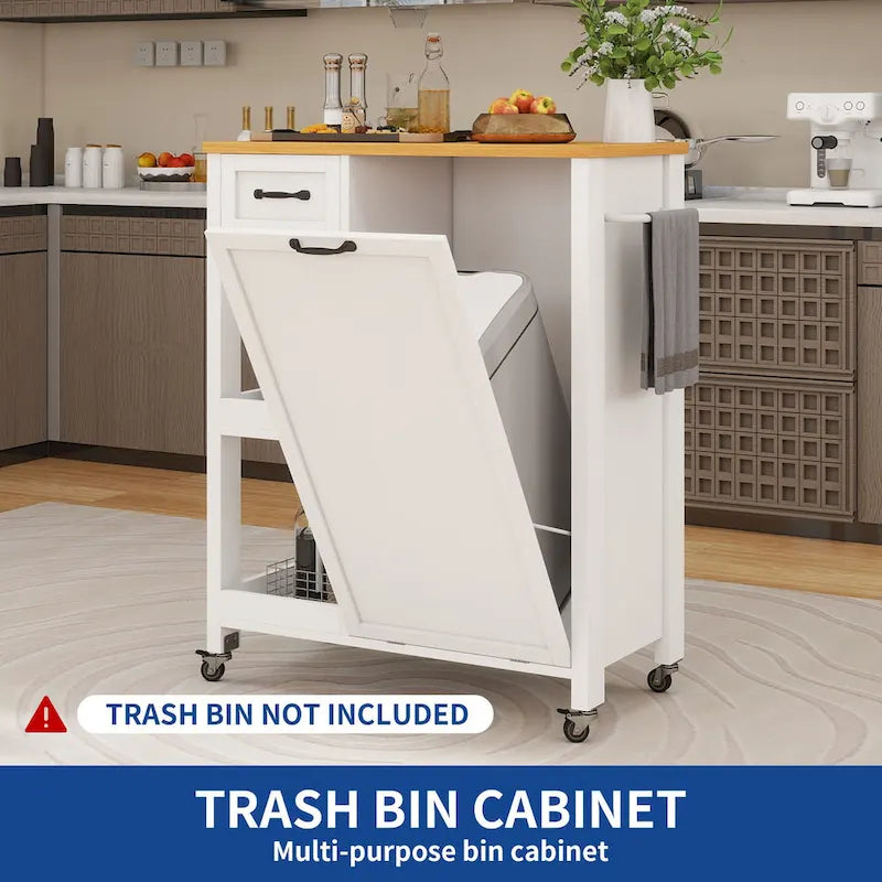 Carrello a isola da cucina su ruote con mobile contenitore per pattumiera